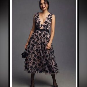 Anthropologie Black Floral Appliqué Plunge Midi Dress in Blush